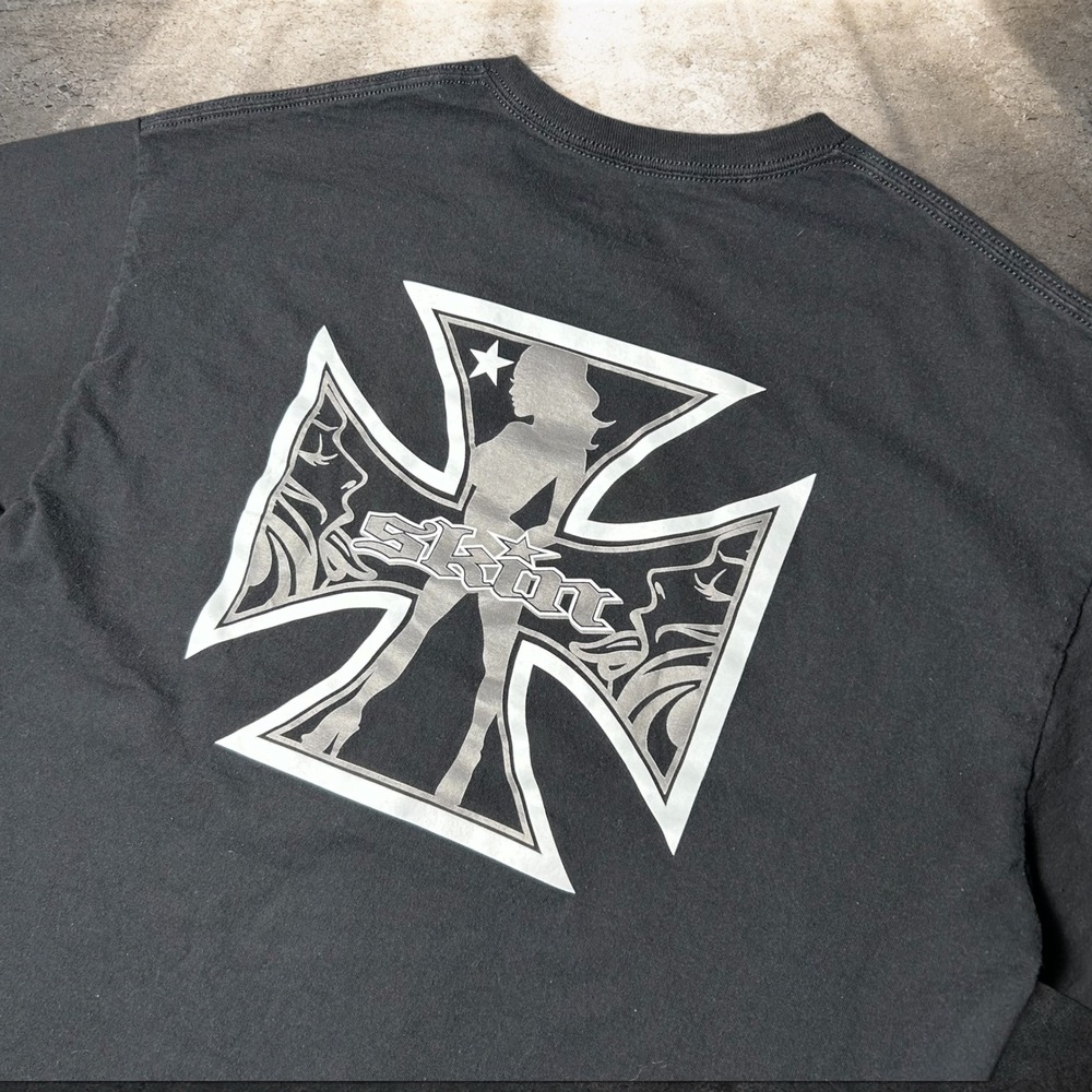 Skin Industries Iron Cross Pinup Graphic T-Shirt Black Y2K Biker Skater Size XL